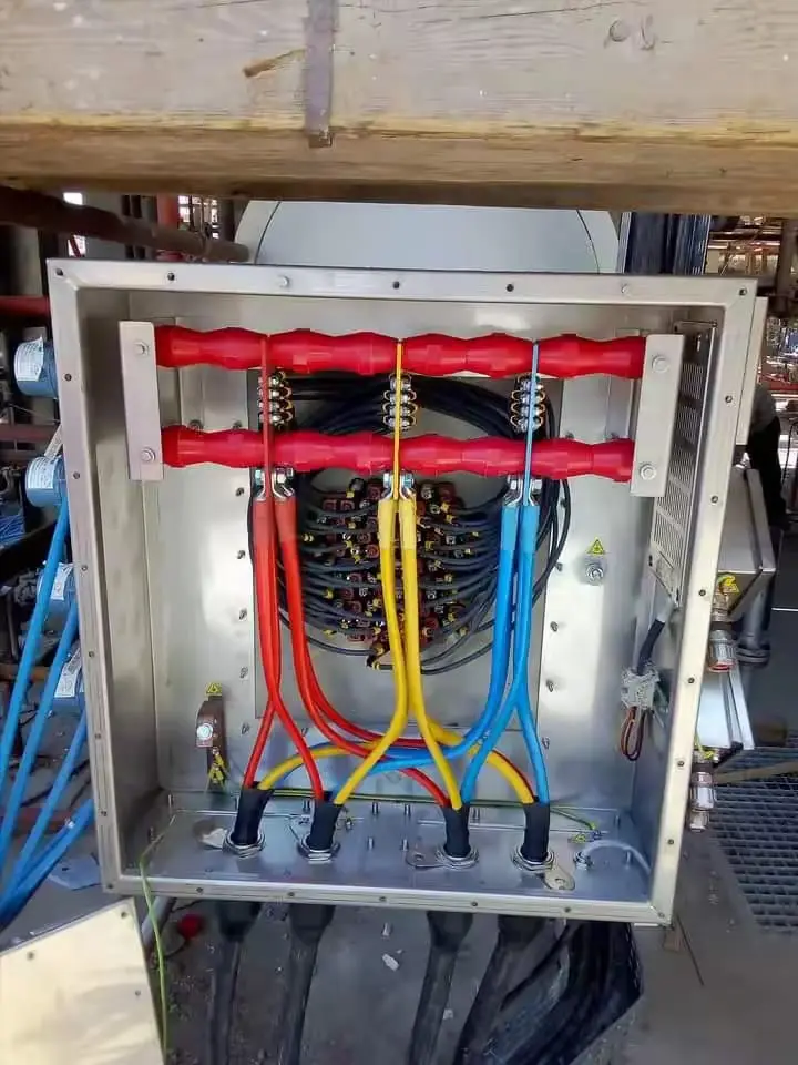 Glanded power cables terminated on a busbar
