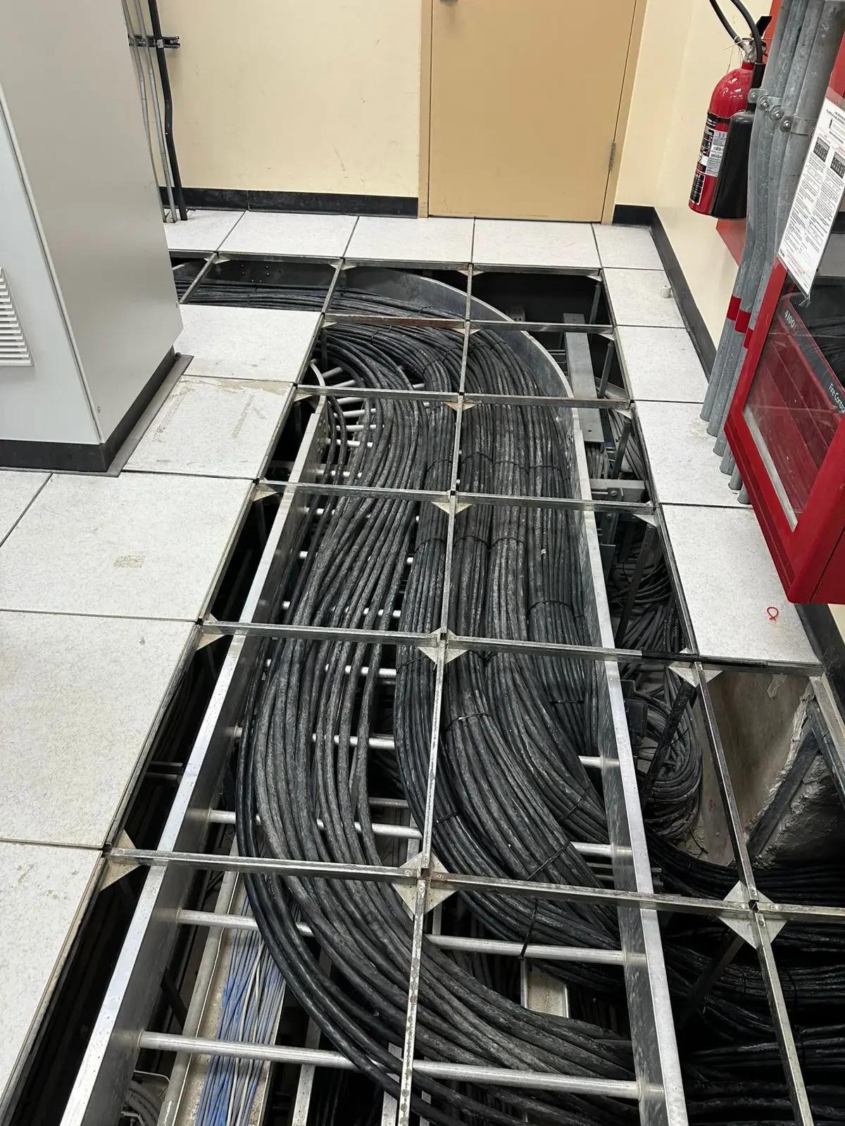 Cable trays and cable runs installed along an industrial walkway