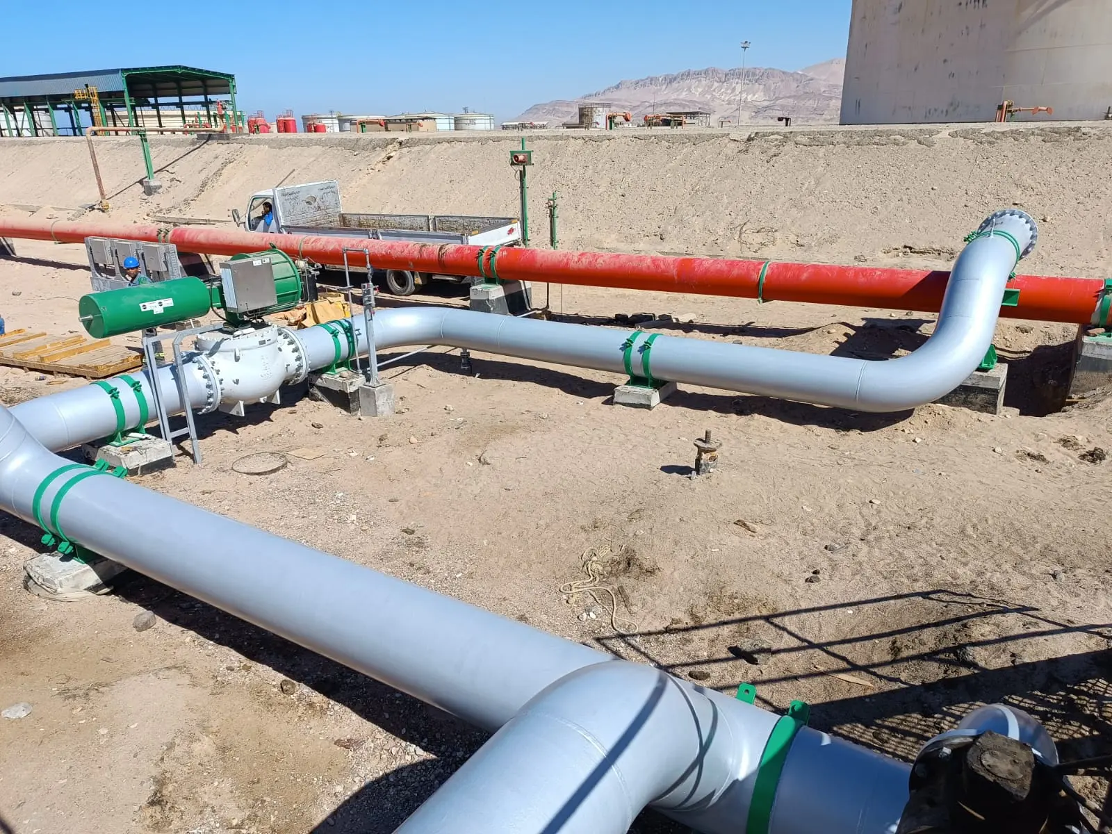 Newly installed process piping and valves at the Feiran tank farm