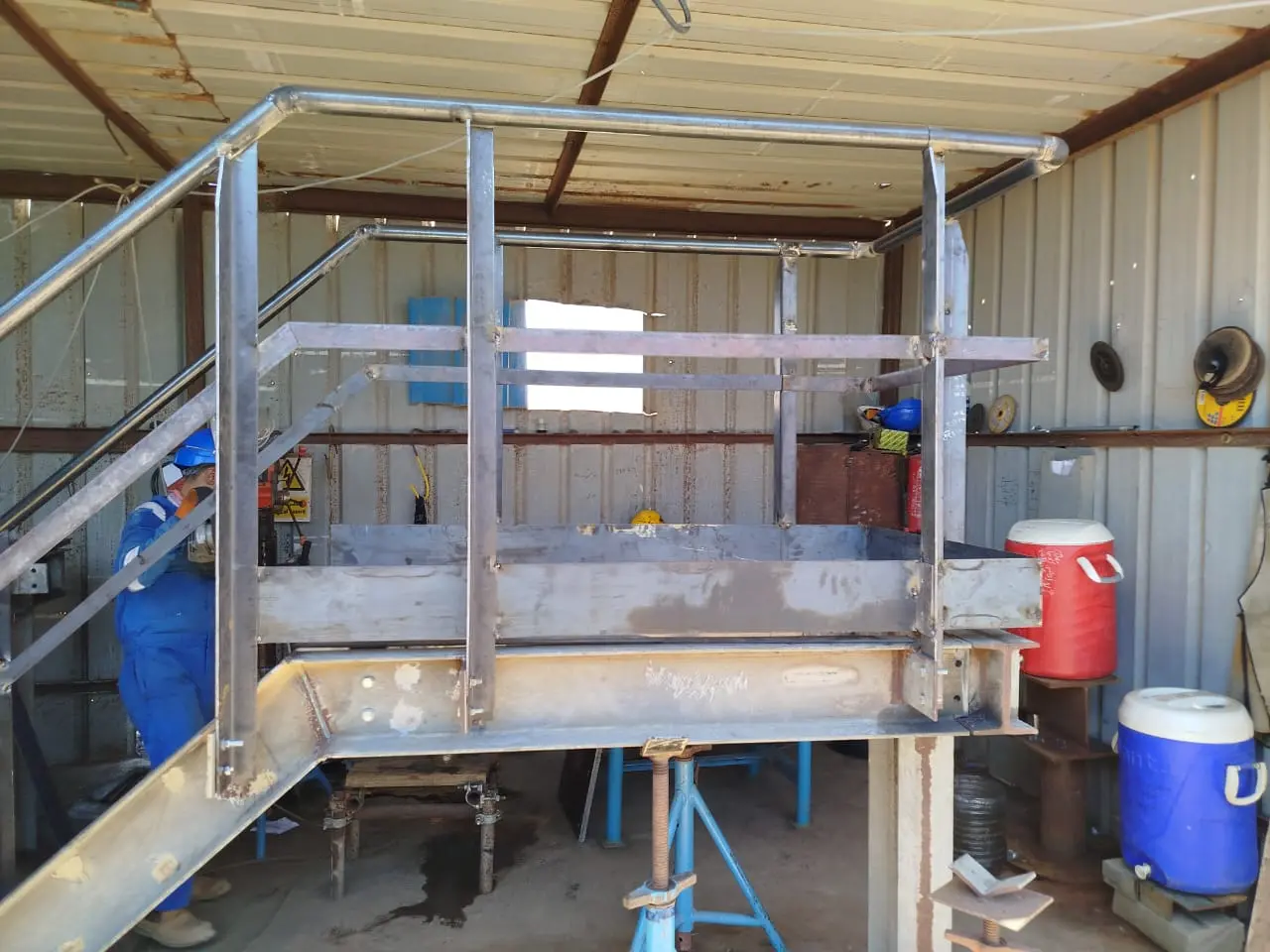 Fabricated steel walkway platform in the workshop