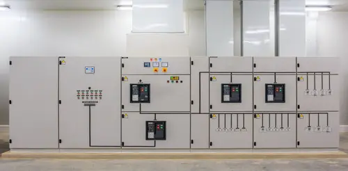 Row of electrical switchgear and control panels